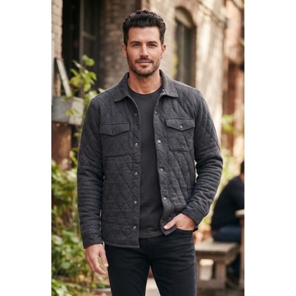 Lucky Brand Mens Quilted Snap Front Shirt Jacket Charcoal Gray Large